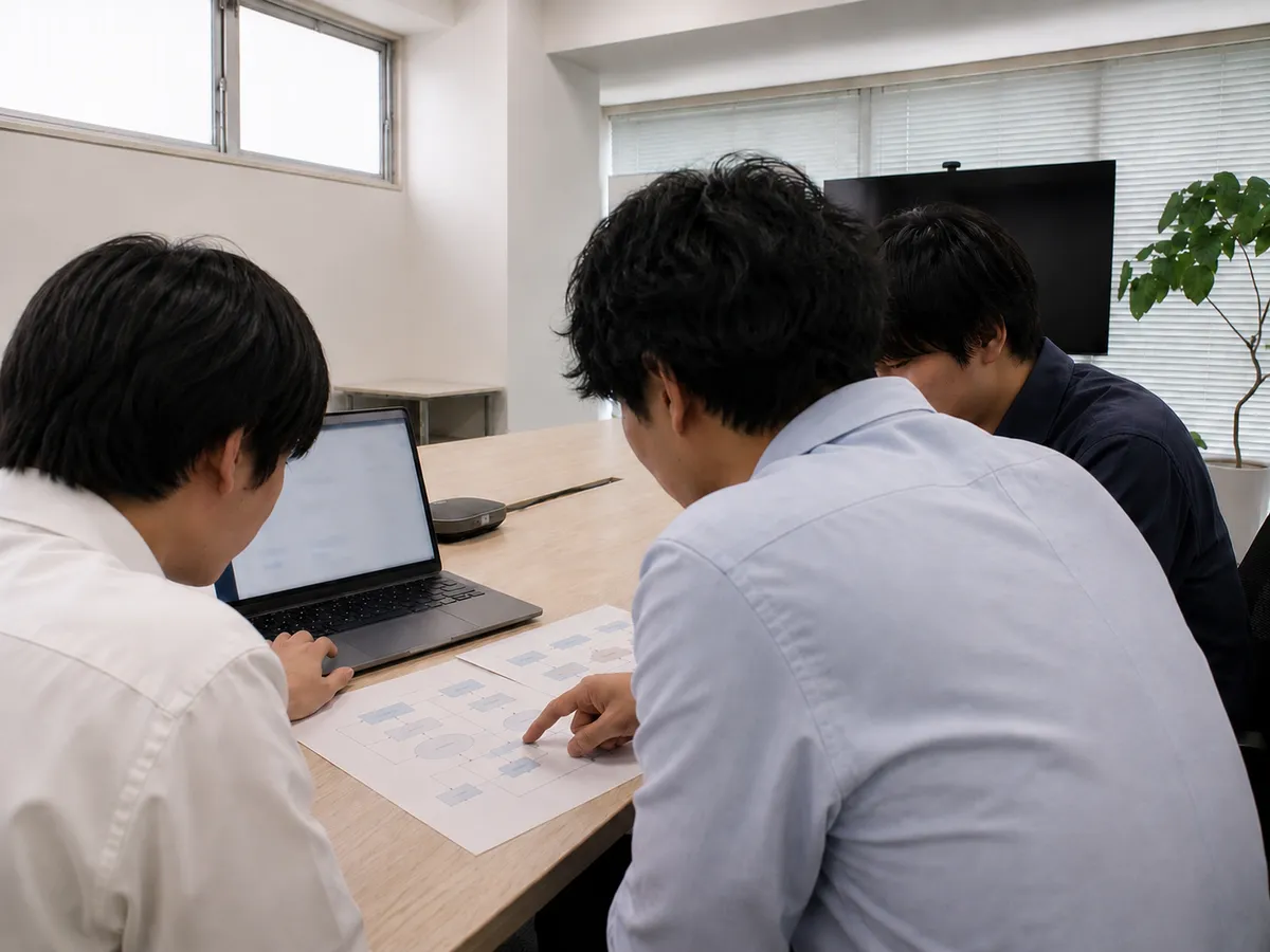 資料を囲んで近い距離で相談し合うアクテックのメンバー(イメージ)