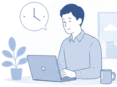 休暇・働き方のイメージ(時計とノートPCで働く様子)