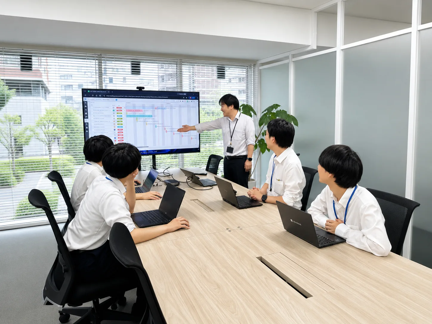 会議卓でお客様の業務について議論するアクテックのエンジニア