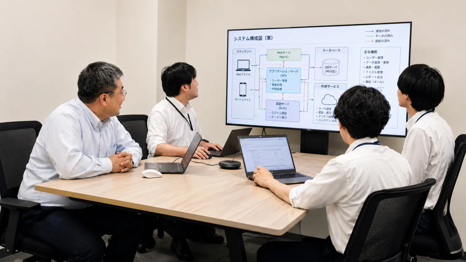 会議卓で打ち合わせ・改善提案を進めるアクテックのメンバー