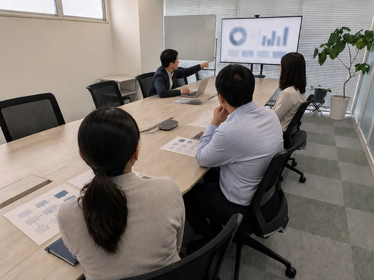 会議室で画面のデータを見ながら、お客様の業務に向き合うアクテックのエンジニアたち