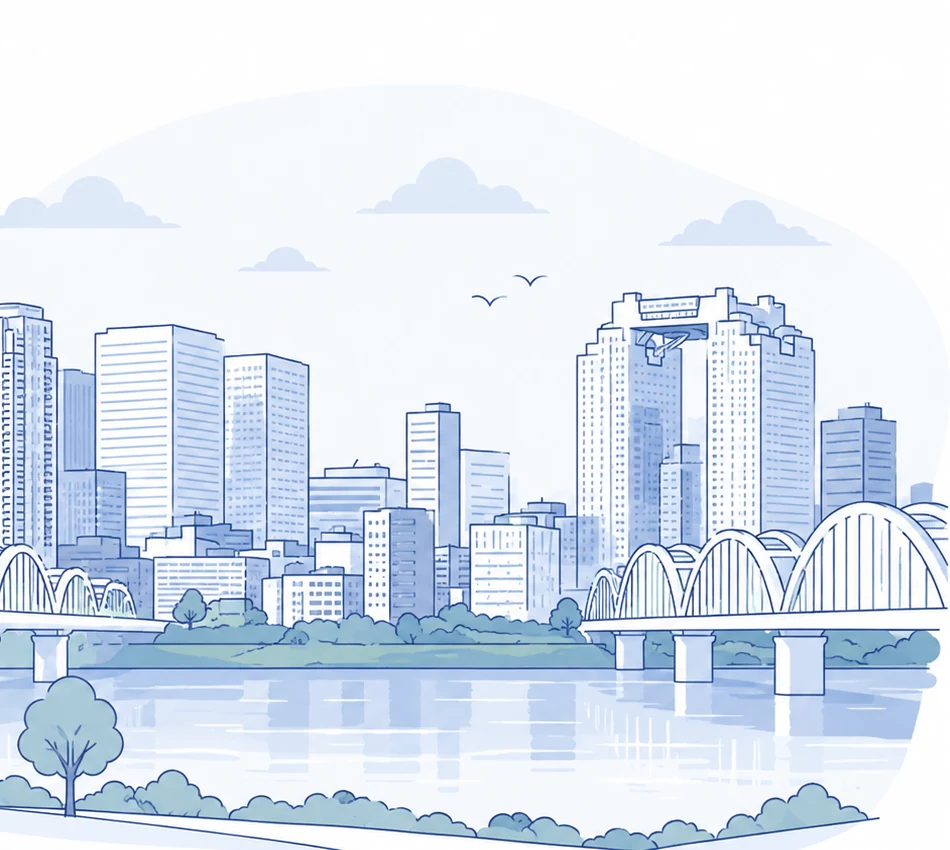 大阪・梅田のスカイラインの線画イラスト(ビル群・川・橋)