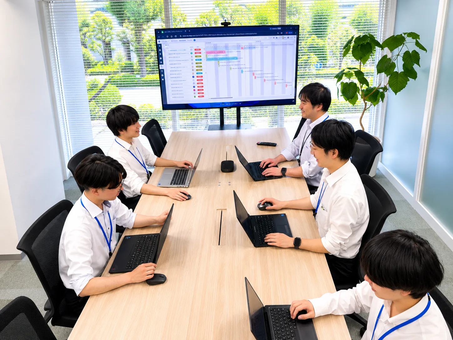 窓際の明るいスペースで画面を囲み、学び合うアクテックのメンバー