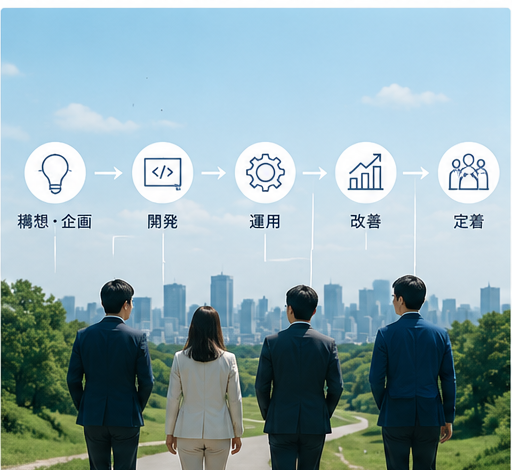 構想・企画から開発・運用・改善・定着までを一貫して支えるアクテックの伴走サイクル